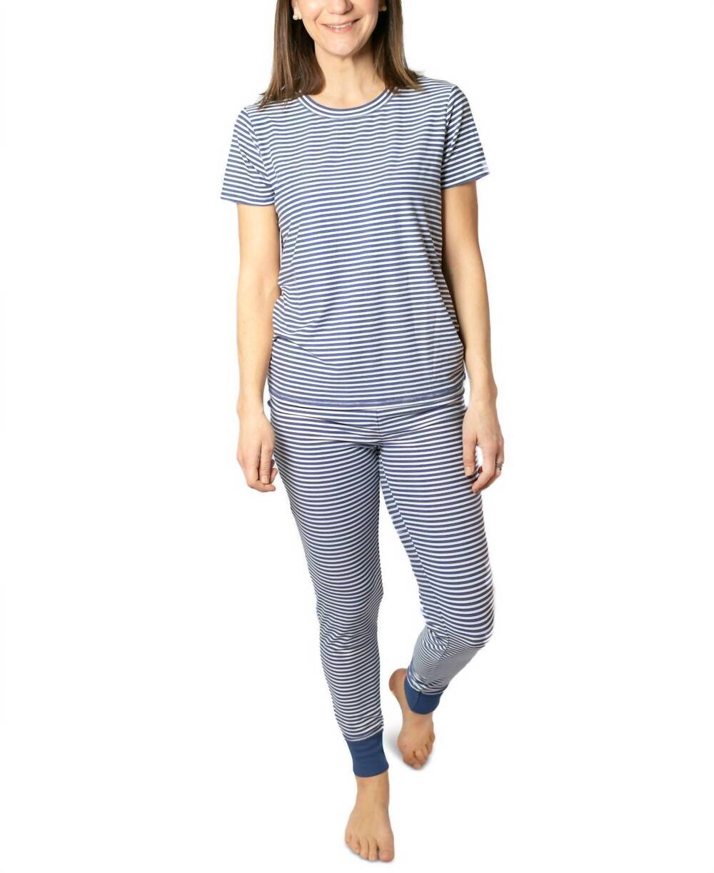 NEW ROUDELAIN women's yummy true pajama set in magazine stripe whitegray blue